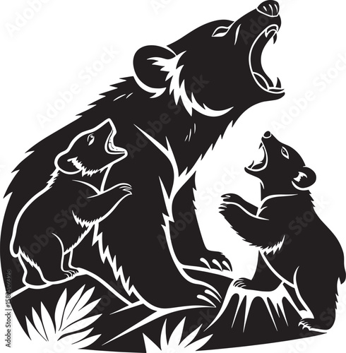 Bear family roaring together cubs wildlife