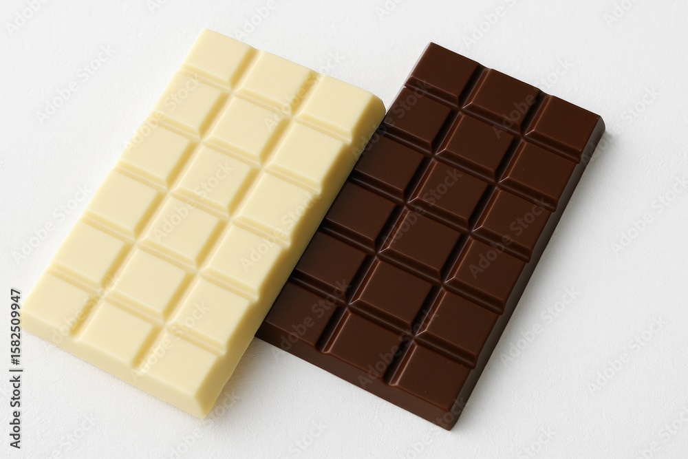 Fototapeta premium Dark and white chocolate bars displayed on a plain white surface