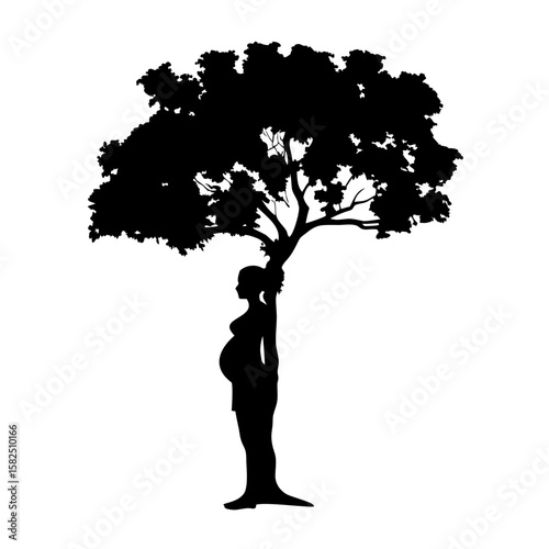 Silhouette of Pregnant Woman Under Tree PNG – Peaceful Maternity Art Transparent Background
