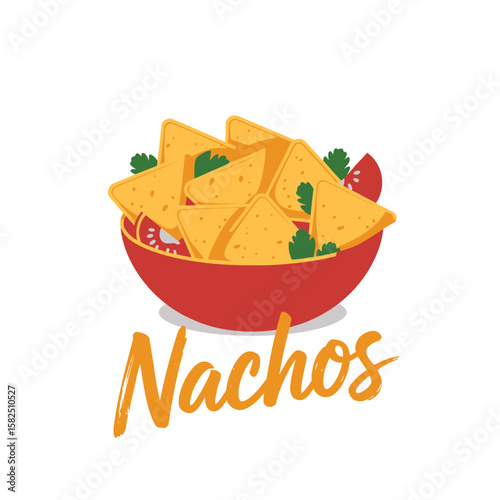 Mouthwatering Nacho Vector Illustration. Delicious vector illustration of nachos isolated on white image features a heaping pile of golden tortilla chips, diced tomatoes, and fresh cilantro