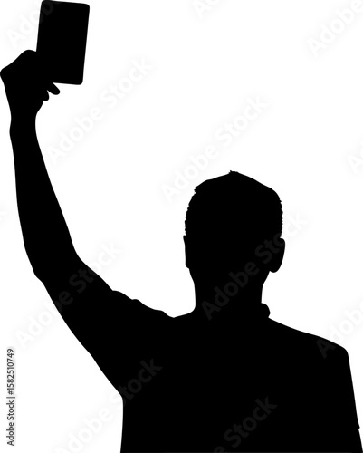 Silhouette of Referee Holding Up Red Card Isolated on White Background Sports and Game Concept