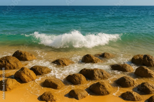 Oceanic waves crashing over golden sea water and rugged rocks