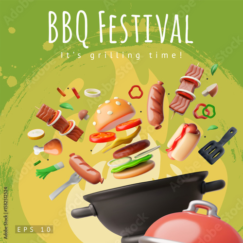 Bright 3D BBQ poster with shashlik, burger, sausages, chicken leg and vegetable pieces.