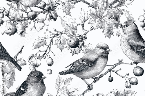 Seamless pattern, vector floral design with birds, insects, summer garden flowers like roses, strawberry leaves, lily of the valley, retro engraving style, detailed black ink line art,