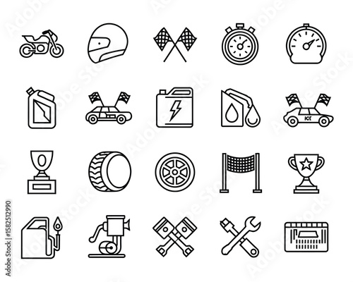 Motorsports Vector Icon Set – Racing Car, Motorcycle, Helmet, Speed, Trophy, Fuel, Engine, Flag Icons with Adjustable Stroke

