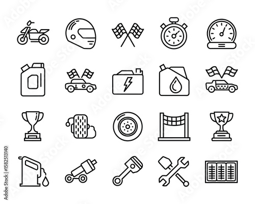 Motorsports & Racing Icons Set - Cars, Bikes, Helmets, Trophies, Pit Stop, Engine, Fuel, Flags - Speed Competition Vector - Adjustable Line Weight