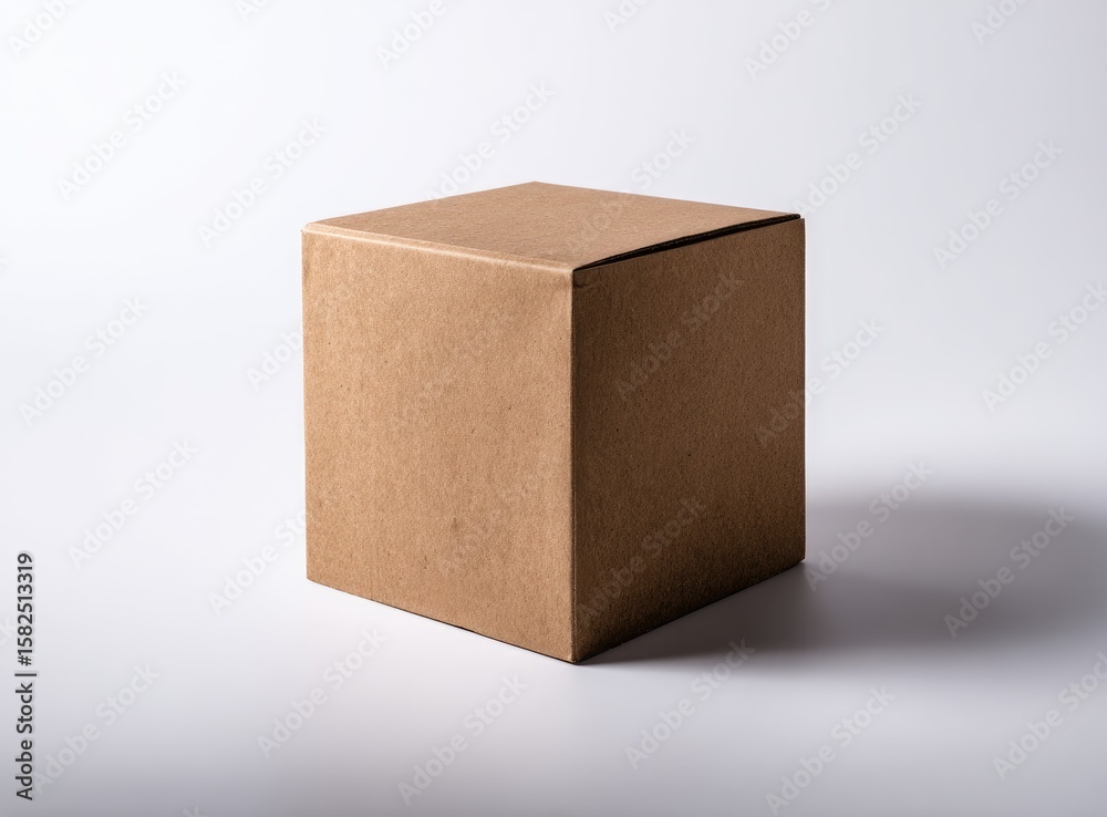 Fototapeta premium A plain, light-brown cardboard cube box sits centered on a white background, casting a subtle shadow