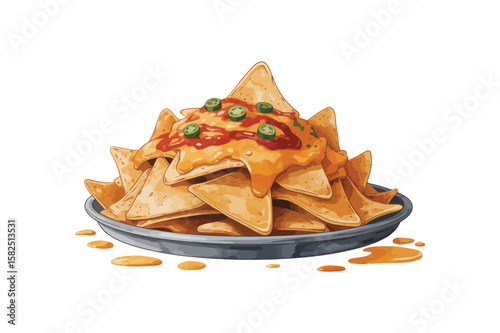Mouthwatering Nacho Vector Illustration. Delicious vector illustration of nachos isolated on white image features a heaping pile of golden tortilla chips, diced tomatoes, and fresh cilantro
