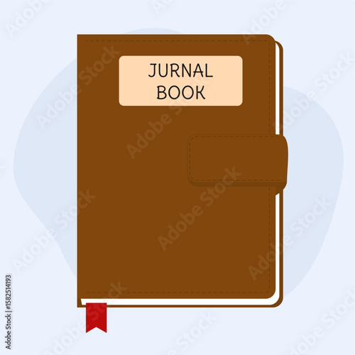 Brown pocket-sized hardcover journal, equipped with magnetic clasp and page divider. Suitable for classic journal design elements, flat art design style.
