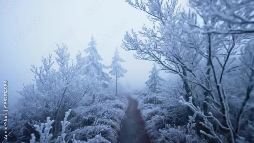 Frozen Foggy Forest Trail – Cinematic Winter Morning Motion
