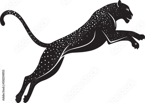 Black panther leaping with white spots big cat jumping