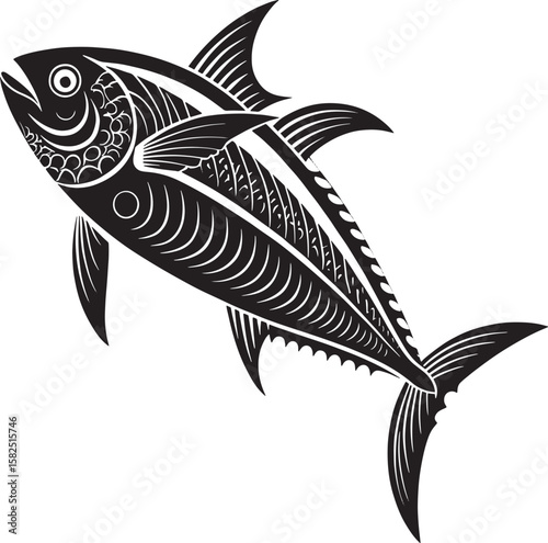 Black stylized fish with tribal patterns white