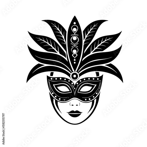 Minimal Carnival Mask Icon, Vector Silhouette on White Background