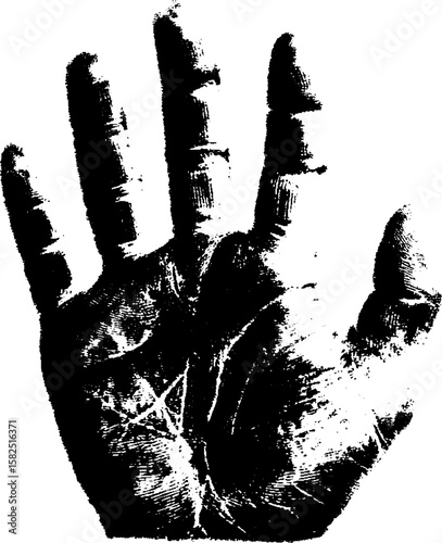Hand palm print with detailed lines and texture. Black and white grunge style vector illustration.