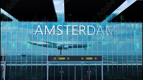 Airlane landing at Amsterdam. Arrival in the city with reflection of airport and aircraft