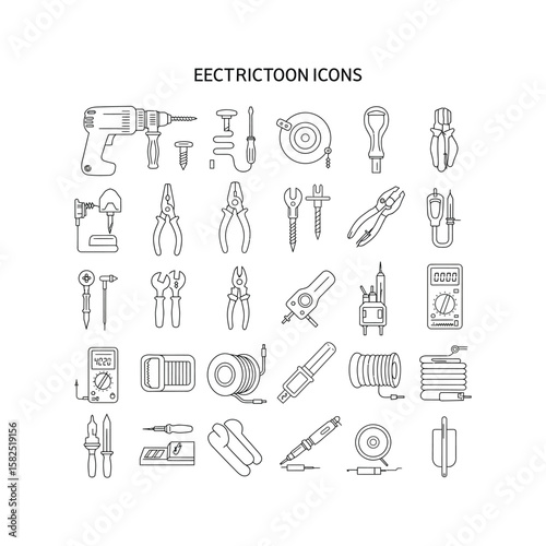 Electrician cartoon icons 30 handdrawn line art tools equipment and supplies