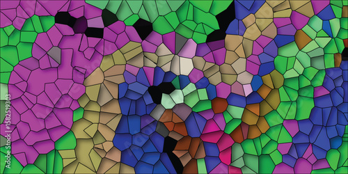 Colorful abstract mosaic composition with various shapes and tones creating a modern stained glass effect for backgrounds and digital designs