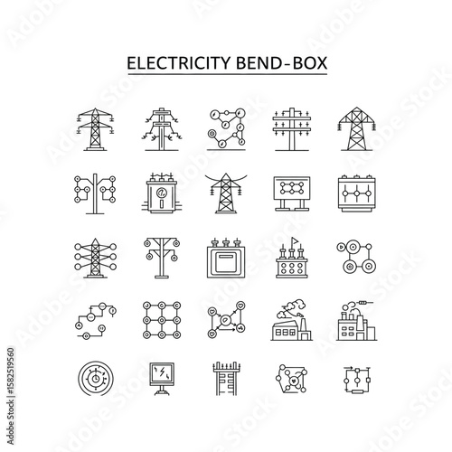 Electricity Bend Box 25 Line Icons of Power Grids Transmission Towers and Electrical Components