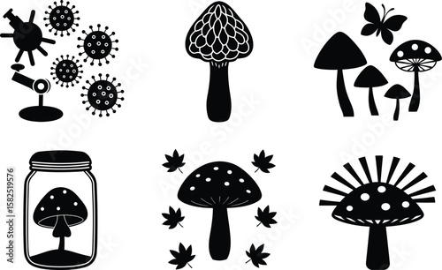Mushroom Silhouette Vector Illustration Set