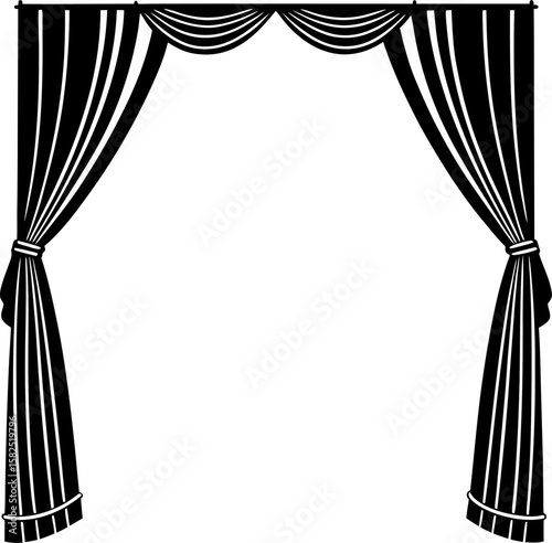Elegant Black and White Curtain Illustration with Swags and Ties for Theatrical Design