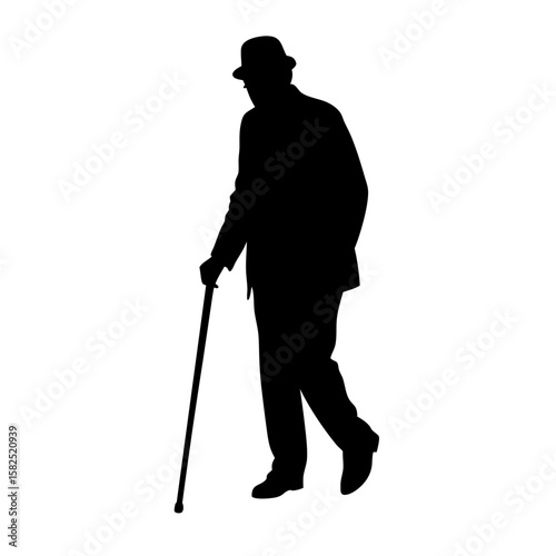 Elderly man walking with a cane full body silhouette vector illustration