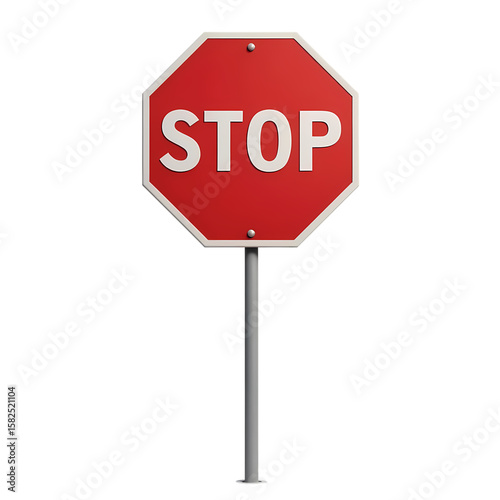 Red stop sign with white border on a white pole isolated on transparent background