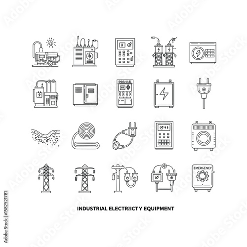 Industrial Electricity Equipment Icons of Generators Panels and Power Lines