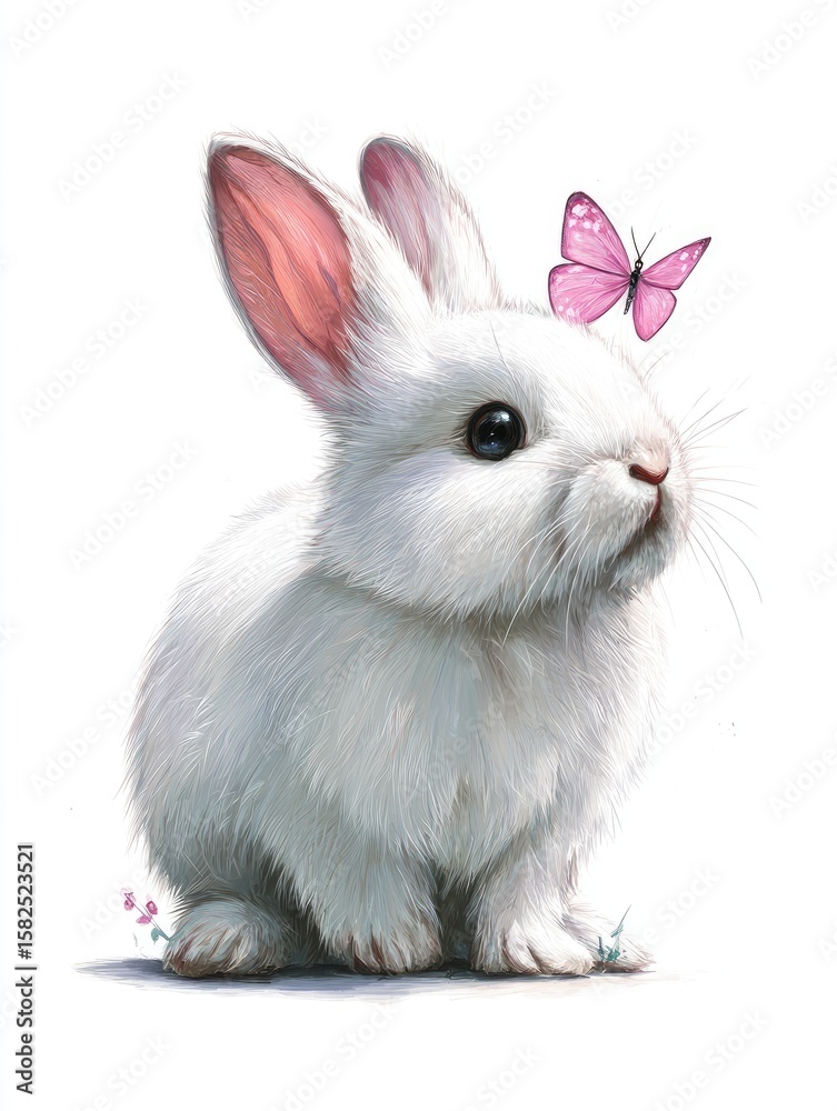 Fototapeta premium Cute white bunny with pink butterfly