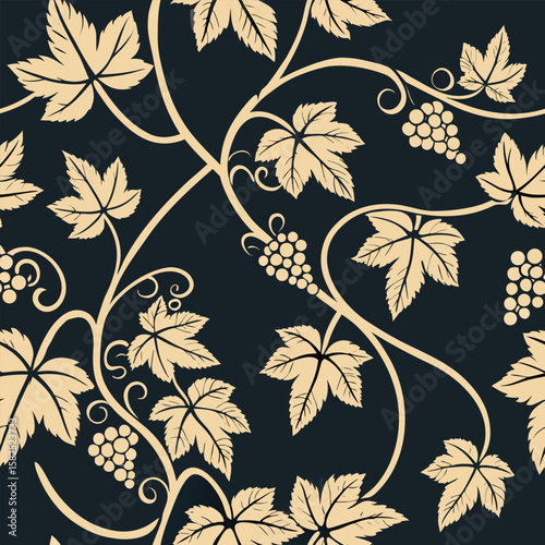 Elegant grapevine seamless pattern illustration featuring grapes and leaves design with transparency
