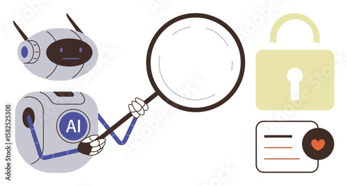 AI robot examining with a magnifying glass alongside a lock icon and a file with a heart. Ideal for data analysis, AI technology, cybersecurity, privacy concepts, research, innovation, tech