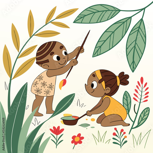 Joyful Black Children Painting Outdoors: Whimsical, Colorful Illustration