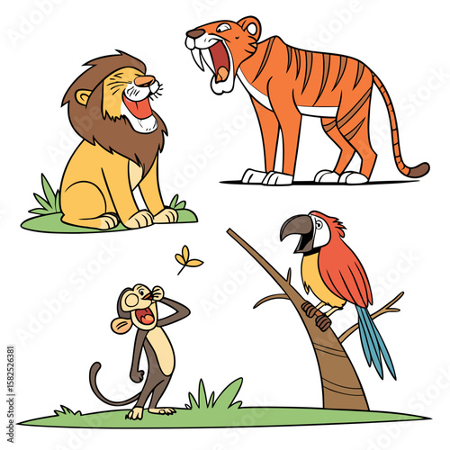 Joyful Cartoon Animals: Lion, Saber-Toothed Tiger, Monkey, and Parrot Illustration