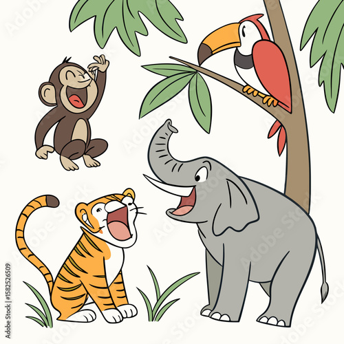 Joyful Cartoon Jungle Animals: Elephant, Tiger, Monkey, Toucan; Playful, Whimsical Illustration for Children's Book, Card, or Print.