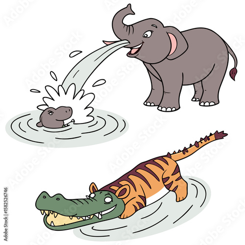 Playful Cartoon Animals: Elephant Splashes Hippo, Tiger-Croc in Water, Whimsical Illustration