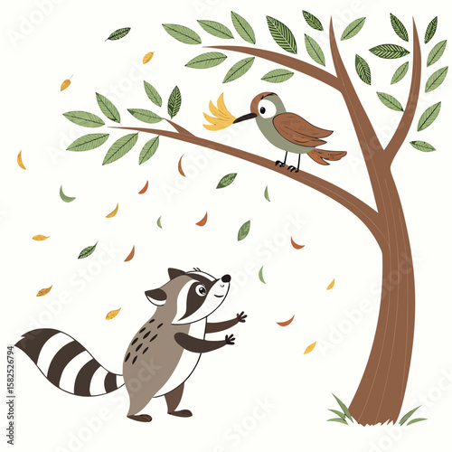 Autumnal Raccoon and Bird Illustration: Whimsical, Childlike, Nature-Themed Design
