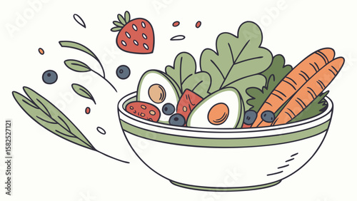 Illustration of a bowl filled with salad including carrots strawberries and blueberries on a white background