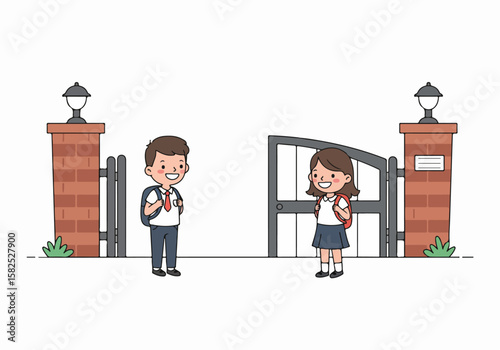 Happy school children ready for class standing near school gate with backpacks.