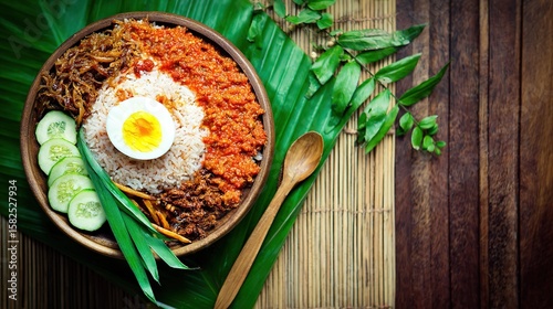 Steaming bowl of nasi lemak with pandan leaves, coconut rice surrounded by sambal and anchovies.