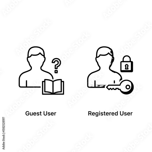Guest user and registered user icons with book question mark lock key on transparent background , no background