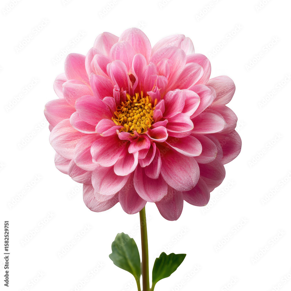Fototapeta premium A vibrant pink dahlia flower with a yellow center and green stem isolated on transparent background