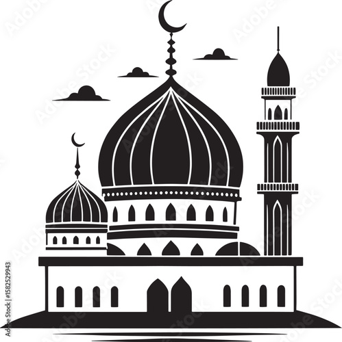 Islamic mosque with minaret and crescent architecture