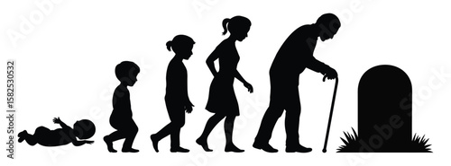 Silhouette sequence depicting human life cycle from infancy to old age, ending at gravestone—symbolizing growth, aging, and mortality