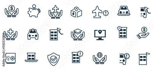 Insurance icon set. Protection of health, life and property, linear design. Line with editable 