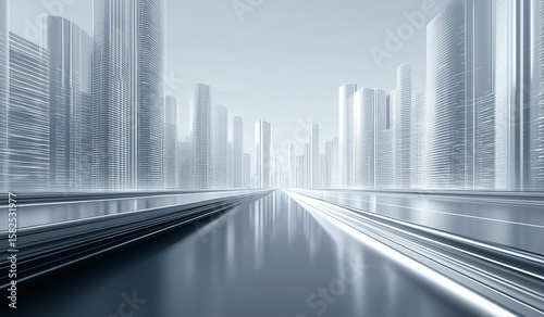 Futuristic cityscape with motion blur and gray color scheme featuring high speed road through skyscrapers, abstract modern architecture captured from elevated perspective showcasing urban development