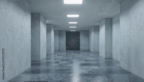 A minimalist, stark concrete hallway with illuminated rectangular lights on the ceiling, leading to a distant dark doorway, evoking themes of isolation and simplicity