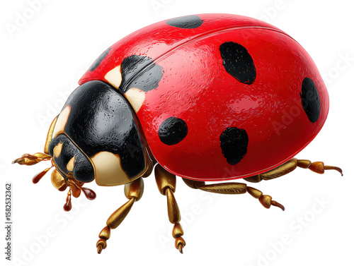 Ladybug's Exquisite Beauty: Captivating macro shot revealing a ladybug with vibrant red shell and dark spots, showcasing its intricate features in an appealing, clean presentation.