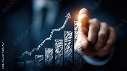 Businessman's hand pointing at upward arrow on graph bar chart with dark background, business growth concept representing idea success, website traffic increase and technology symbols