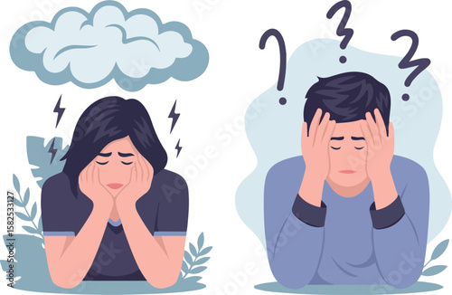 An illustration depicting stress and anxiety in two individual. One feels overwhelmed by a storm cloud and the other surrounded by questions