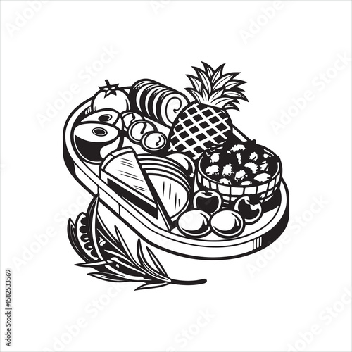 Black and White Food Platter Illustration with Fruits, Bread, and Vegetables