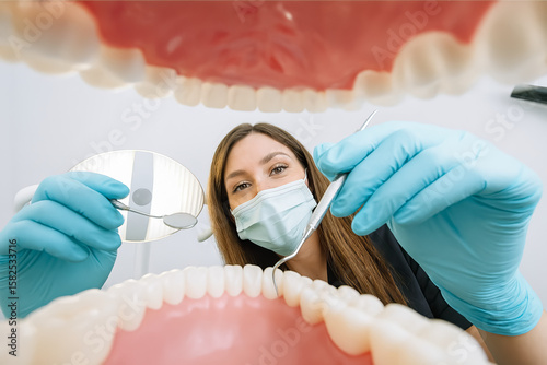 Female dentist examining teeth from inside the patient’s mouth perspective

